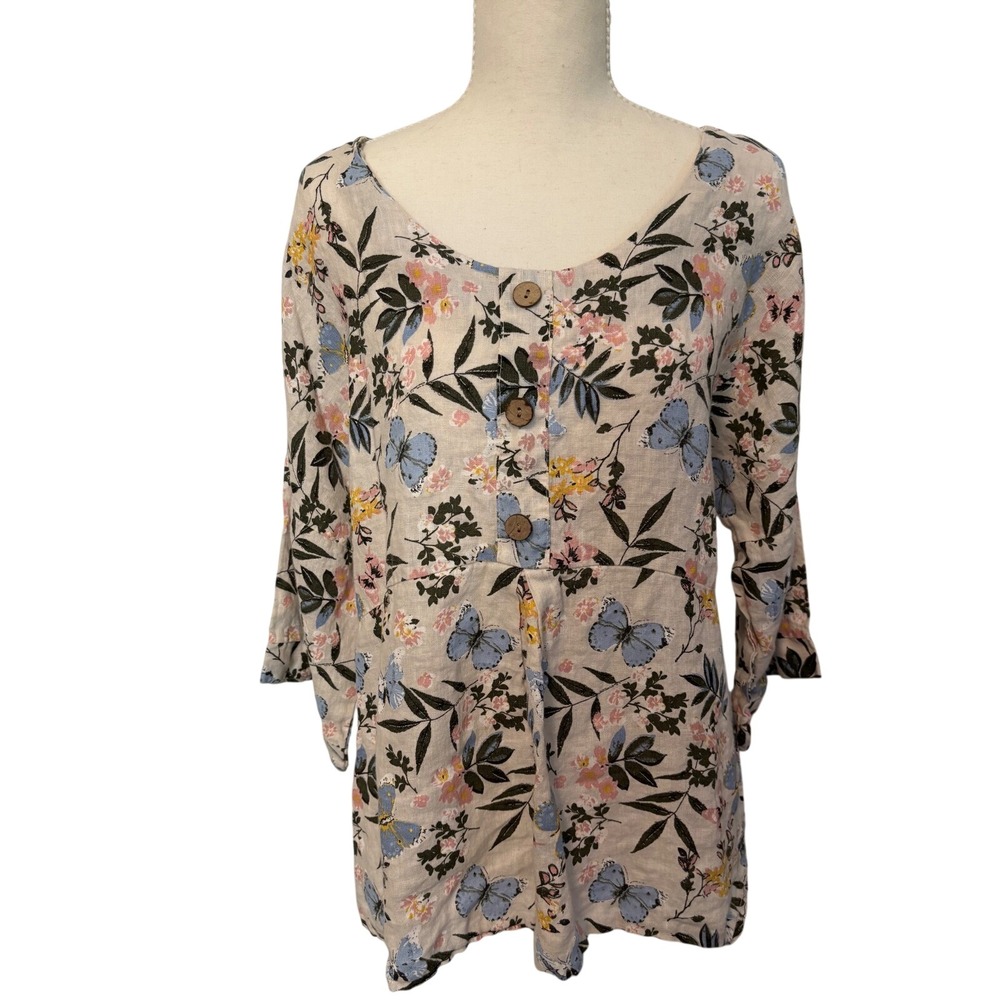 Laura Bianchi Italy Linen Butterfly Floral Tunic Top Blue Pink Wood Button M